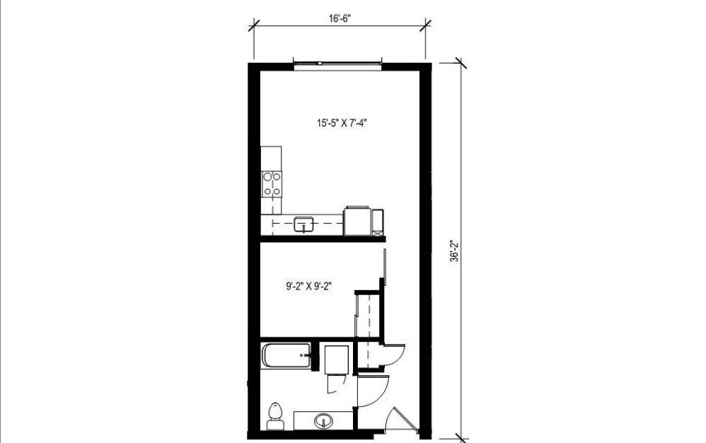 O.4a - 1 bedroom floor plan layout with 1 bathroom and 594 square feet