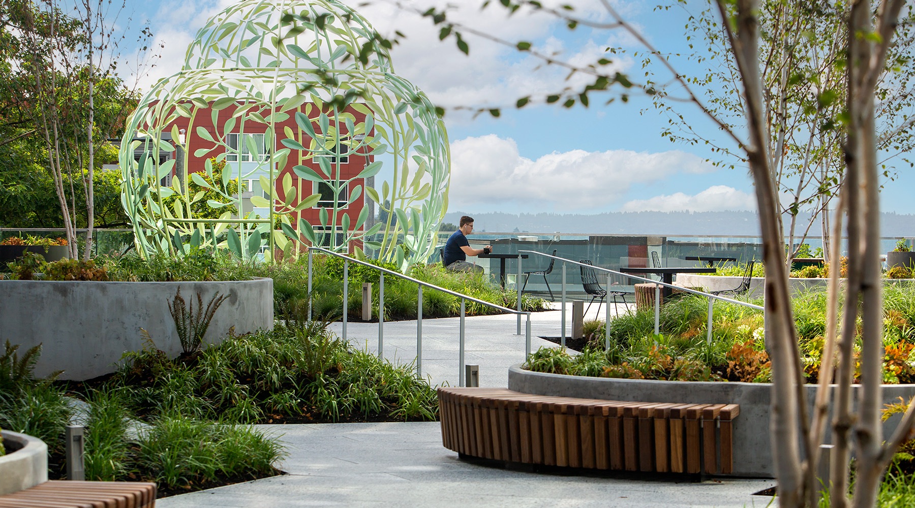 man sitting in outdoor terrace with planters and sculpture
